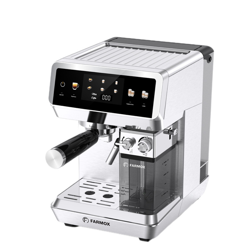 محصول نمونه تستی اسپرسوساز خانگی فارموکس مدل FX270 با مخزن آب 1500 میلیلیتر، فشار بخار 20 بار، صفحهنمایش لمسی و قابلیت تهیه اسپرسو، لاته و کاپوچینو تک و دبل