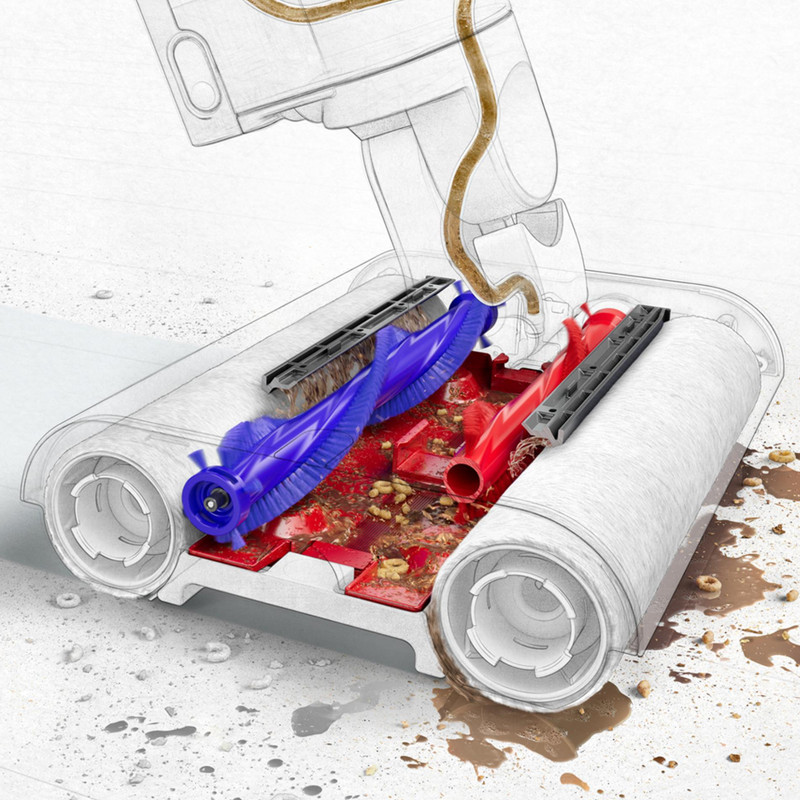 محصول نمونه تستی جارو شارژی عصایی دایسون مدل Wash G1 با سیستم شستشوی خودکار و هوشمند، ظرفیت مخزن آب تمیز 1 لیتر، تفکیک زبالههای تر و خشک، غلتکهای میکروفایبر موتوری، طراحی ارگونومیک و عملکرد کمصدا